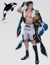Rule 34 | 1boy, arm up, black footwear, black gloves, black hair, boxing gloves, fingerless gloves, full body, gloves, highres, male focus, muscular, navel, open mouth, orca, original, personification, rinotuna, shoes, short hair, shorts, simple background, smile, solo, standing, white background