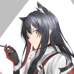 Rule 34 | 1girl, animal ears, arknights, black hair, brown eyes, closed mouth, commentary request, extra ears, food, from side, fur trim, gloves, grey background, hair between eyes, hand up, highres, holding, holding food, hood, hood down, hooded jacket, jacket, long hair, long sleeves, looking at viewer, looking to the side, official alternate costume, open clothes, open jacket, pocky, red gloves, shoulder strap, shuuka, sidelocks, sideways glance, solo, texas (arknights), texas (winter messenger) (arknights), two-tone background, upper body, white background, white jacket, wolf ears, wrist cuffs