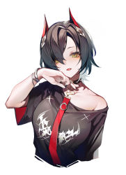 Rule 34 | 1girl, absurdres, alternate costume, azur lane, black choker, black hair, black nails, black shirt, bracelet, casual, choker, collarbone, contemporary, eyes visible through hair, hair over one eye, head tilt, highres, horns, jewelry, looking at viewer, nail polish, o-ring, o-ring choker, off shoulder, shiro kanae, shirt, short hair, simple background, solo, spiked choker, spikes, swept bangs, t-shirt, tongue, tongue out, ulrich von hutten (azur lane), upper body, white background, yellow eyes
