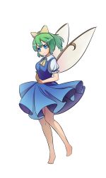 Rule 34 | 04leafy, 1girl, absurdres, ascot, bare legs, bare shoulders, barefoot, blouse, blue dress, blue eyes, bow, breasts, closed mouth, collared shirt, daiyousei, dress, fairy wings, frilled shirt, frills, full body, green eyes, green hair, hair bow, highres, pinafore dress, ponytail, puffy short sleeves, puffy sleeves, shirt, short hair, short sleeves, simple background, sleeveless dress, small breasts, smile, solo, touhou, white background, white shirt, wings, yellow ascot, yellow bow