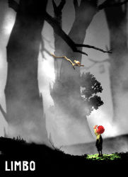 Rule 34 | 1boy, bird, copyright name, faux traditional media, forest, grass, greyscale, limbo (game), looking up, male focus, monochrome, nature, reaching, red hair, sideways, spot color, white eyes