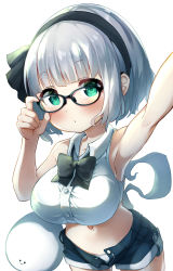 Rule 34 | 1girl, :/, :3, arm up, armpits, bespectacled, black bow, black bowtie, black hairband, blush, bow, bowtie, breasts, commentary request, cowboy shot, crop top, glasses, green eyes, hairband, hand up, highres, hitodama, konpaku youmu, konpaku youmu (ghost), large breasts, looking at viewer, midriff, navel, pegashi, short hair, silver hair, simple background, solo, touhou, white background