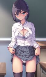 Rule 34 | 1girl, black hair, black thighhighs, blue eyes, blurry, blurry background, blush, bra, breasts, chalkboard, classroom, cleavage, closed mouth, clothes lift, collared shirt, commentary request, depth of field, dress shirt, highres, indoors, legs apart, lifted by self, long sleeves, looking at viewer, medium breasts, nya-c, open clothes, open shirt, original, panties, partially unbuttoned, pleated skirt, shirt, shirt tucked in, short hair, skirt, skirt lift, solo, thighhighs, underwear, white bra, white panties, white shirt