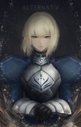Rule 34 | 1girl, armor, armored dress, artoria pendragon (all), artoria pendragon (fate), black background, black gloves, blonde hair, braid, breastplate, facing viewer, fate/grand order, fate/stay night, fate (series), gauntlets, gloves, green eyes, hair between eyes, hair bun, highres, holding hands, looking at viewer, marumoru, own hands together, puffy sleeves, saber (fate), solo