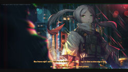 Rule 34 | 1girl, absurdres, adapted costume, alternate costume, assault rifle, backflipsss, black shirt, blurry, bokeh, briefcase, buckle, building, cable, city, commentary, contemporary, crop top, depth of field, earphones, earrings, elf, english commentary, english text, fake screenshot, floating hair, frieren, green eyes, grey hair, gun, high collar, highres, jewelry, layered shirt, layered sleeves, letterboxed, load bearing vest, long hair, long sleeves, looking at another, night, out of frame, outdoors, parted bangs, pointy ears, rain, rifle, scissors, shirt, short over long sleeves, short sleeves, sideways glance, skyscraper, snap-fit buckle, solo focus, sousou no frieren, subtitled, tactical clothes, turtleneck, twintails, upper body, weapon, zipper