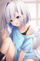 Rule 34 | 1girl, amane kanata, angel wings, black socks, blue hair, blue shirt, blush, collarbone, commentary request, highres, hololive, looking at viewer, multicolored hair, open mouth, shirt, silver hair, socks, solo, streaked hair, t-shirt, tsukasa tsubasa, virtual youtuber, wings