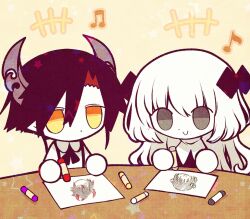 Rule 34 | 1boy, 1girl, black hair, black ribbon, chibi, child, colored skin, commission, crayon, crystal hair ornament, demon horns, drawing, etihw (funamusea), funamusea, funamusea (artist), grey eyes, horns, ivlis (funamusea), licorice (funamusea), long hair, musical note, official art, paper, pointy ears, ribbon, short hair, silhouette (funamusea), skeb commission, table, white hair, white skin, yellow background, yellow eyes