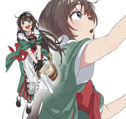 Rule 34 | 1girl, :d, :o, absurdres, apron, blue eyes, blush, brown hair, bypos, frills, goddess of victory: nikke, green kimono, hairband, highres, japanese clothes, kimono, long hair, mica (nikke), mica (snow buddy) (nikke), multiple views, official alternate costume, open mouth, red ribbon, ribbon, sidelocks, smile, solo, sweat, wet