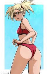 Rule 34 | 1girl, absurdres, ass, bleach, blonde hair, blush, breasts, closed mouth, fang, freckles, highres, looking at viewer, mistowing, panties, red panties, red sports bra, sarugaki hiyori, small breasts, solo, sports bra, twintails, underwear, wedgie, yellow eyes