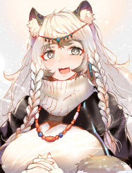 Rule 34 | 1girl, animal ear fluff, animal ears, arknights, artist name, bead necklace, beads, black cloak, braid, breasts, cloak, earrings, fh moya, grey background, grey eyes, grey hair, headband, highres, jewelry, large breasts, leopard ears, long hair, looking at viewer, multicolored hair, necklace, open mouth, own hands clasped, own hands together, pramanix (arknights), ribbed sweater, signature, simple background, smile, solo, sparkle, sweater, tassel, tassel earrings, turtleneck, turtleneck sweater, twin braids, two-tone hair, upper body, weibo logo, weibo watermark, white hair, white sweater
