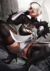 Rule 34 | 1girl, 2b (nier:automata), absurdres, aiming, aiming at viewer, alternate breast size, black footwear, black gloves, black hairband, blue eyes, boots, breasts, brown lips, cleavage, cleavage cutout, clothing cutout, commentary, crop top, english commentary, feather-trimmed sleeves, gloves, gluteal fold, hair over one eye, hairband, head rest, high heel boots, high heels, highres, holding, holding sword, holding weapon, katana, large breasts, leotard, makeup, mascara, mole, mole under mouth, monori rogue, nier:automata, nier (series), no blindfold, no pants, nose, paid reward available, post-apocalypse, see-through, see-through legwear, short hair, solo, spread legs, squatting, sword, thick thighs, thighhighs, thighhighs under boots, thighs, thong leotard, vambraces, virtuous contract, weapon, white hair, white leotard