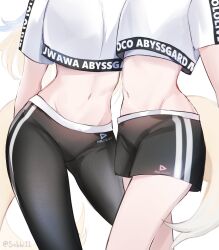 Rule 34 | 2girls, black pants, black shorts, blonde hair, blue hair, clothes writing, contrapposto, copyright name, crop top, cropped shirt, dog girl, dog tail, fuwawa abyssgard, head out of frame, highres, hololive, hololive dance practice uniform, hololive english, long hair, mococo abyssgard, multicolored hair, multiple girls, navel, official alternate costume, pants, shirt, short shorts, short sleeves, shorts, siblings, sisters, sobbi11, stomach, streaked hair, t-shirt, tail, virtual youtuber, white background, white shirt