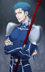 Rule 34 | 1boy, artist name, bifanghuanshi, blue hair, cu chulainn (fate), dated, earrings, fate/stay night, fate (series), gae bolg (fate), highres, jewelry, cu chulainn (fate/stay night), long hair, male focus, polearm, ponytail, red eyes, solo, spear, weapon
