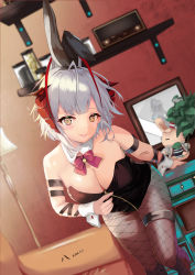 Rule 34 | 1girl, absurdres, ahoge, alternate costume, animal ears, arknights, arm strap, auguste, black pantyhose, blurry, blurry background, blush, bow, bowtie, breasts, cameo, chest of drawers, chinese commentary, cleavage, couch, cowboy shot, dated, depth of field, detached collar, doctor (arknights), dutch angle, fake animal ears, fishnet pantyhose, fishnets, highres, horn ornament, horns, indoors, lamp, leaning forward, leotard, looking at viewer, medium breasts, multicolored hair, pantyhose, plant, playboy bunny, portrait (object), potted plant, rabbit ears, red bow, red bowtie, red hair, short hair, silver hair, solo, streaked hair, stuffed animal, stuffed rabbit, stuffed toy, tongue, tongue out, two-tone hair, w (arknights), wrist cuffs, yellow eyes, zipper, zipper leotard