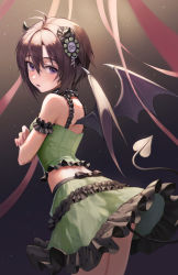 Rule 34 | 1girl, absurdres, antenna hair, armband, back, bad id, bad twitter id, black background, black hair, blush, breasts, choker, crossed arms, demon horns, demon tail, demon wings, dot nose, fang, frilled choker, frilled skirt, frills, green shirt, green skirt, hair between eyes, hair ornament, hd (sw4189101), highres, horns, idolmaster, idolmaster million live!, idolmaster million live! theater days, kikuchi makoto, looking at viewer, parted lips, purple eyes, red ribbon, ribbon, shirt, short hair, sidelocks, skirt, sleeveless, sleeveless shirt, small breasts, solo, tail, thighs, wings