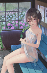 Rule 34 | 1girl, akie (44265104), bare arms, bare shoulders, bench, bottle, breasts, brown hair, clothes lift, dress, dress lift, flower, hair between eyes, hair flower, hair ornament, highres, lifted by self, looking at viewer, on bench, open mouth, original, outdoors, purple eyes, see-through, see-through dress, short hair, sitting, skindentation, small breasts, strap slip, sundress, teeth, thigh strap, thighs, upper teeth only, wet, wet clothes, white dress