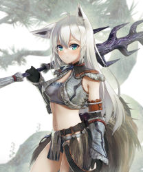 Rule 34 | 1girl, ahoge, animal ear fluff, animal ears, blurry, blurry background, blush, braid, breasts, commentary request, crop top, earrings, fox ears, fox girl, fox tail, green eyes, hair between eyes, highres, holding, holding weapon, hololive, jewelry, kirin (armor), long hair, looking at viewer, midriff, monster hunter (series), navel, shirai yu, shirakami fubuki, sidelocks, single braid, small breasts, solo, tail, virtual youtuber, weapon, white hair