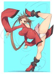 Rule 34 | 1girl, ankle boots, arc system works, bare shoulders, blue background, boots, brown eyes, brown hair, china dress, chinese clothes, commentary request, dress, flexible, full body, guilty gear, hair ornament, hairclip, high heels, highres, kicking, kuma (jk0073), kuradoberi jam, leg up, looking at viewer, open mouth, panties, red dress, red footwear, shiny skin, simple background, smile, solo, split, thighhighs, underwear, white panties, wide sleeves