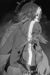 Rule 34 | 1boy, 1girl, bare shoulders, blue eyes, brother and sister, commentary, constricted pupils, detached sleeves, grabbing, grabbing another&#039;s breast, grabbing from behind, greyscale, head wings, highres, honkai: star rail, honkai (series), incest, jacket, looking at viewer, monochrome, nipples, nyantcha, open mouth, robin (honkai: star rail), siblings, sunday (honkai: star rail), upper body, wings