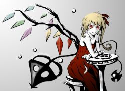 Rule 34 | 1girl, alternate costume, bare shoulders, blonde hair, colored skin, contemporary, dress, female focus, flandre scarlet, grey background, laevatein, ponytail, red dress, red eyes, short hair, side ponytail, sitting, smile, solo, strapless, strapless dress, table, touhou, white skin, wings, yaruku
