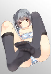 Rule 34 | 10s, 1girl, absurdres, bare shoulders, blurry, collarbone, depth of field, feet, frills, full body, gin00, grey background, grey hair, grey socks, highres, kantai collection, kasumi (kancolle), kasumi kai ni (kancolle), kneehighs, legs up, long hair, looking at viewer, no shoes, panties, see-through, side ponytail, single kneehigh, single sock, single thighhigh, sitting, sketch, socks, solo, strap slip, striped clothes, striped panties, thighhighs, underwear, underwear only, vertical stripes