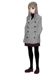 Rule 34 | 1girl, black eyes, black pantyhose, brown hair, buttons, coat, double-breasted, expressionless, full body, hands in pockets, kusaka souji, long hair, looking at viewer, open mouth, original, pantyhose, pleated skirt, simple background, skirt, solo, standing, turtleneck, winter clothes, winter coat