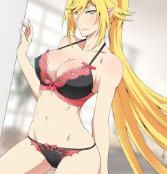 Rule 34 | 1girl, black bra, black panties, blonde hair, bow, bow bra, bow panties, bra, breasts, female focus, highres, j adsen, kiss-shot acerola-orion heart-under-blade, lace, lace-trimmed bra, lace-trimmed panties, lace trim, large breasts, lingerie, long hair, monogatari (series), multicolored bra, multicolored clothes, multicolored panties, oshino shinobu, panties, smile, solo, thigh gap, underwear, underwear only, wide hips, yellow eyes