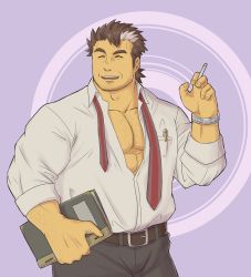 Rule 34 | 1boy, black hair, book, chest hair, cigarette, closed eyes, facial hair, highres, holding, holding book, long sideburns, male focus, manly, mononobe kyoma, muscular, open clothes, pectorals, sideburns, simple background, solo, tokyo houkago summoners, upper body, white hair, yanutorie