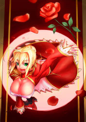 Rule 34 | 10s, 1girl, ahoge, blonde hair, breasts, cleavage, dress, epaulettes, fate/extra, fate (series), flower, from above, green eyes, hair intakes, hair ribbon, huge breasts, kanatsuki tatsuya, nero claudius (fate), nero claudius (fate), nero claudius (fate/extra), red flower, red rose, ribbon, rose, solo