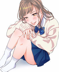 Rule 34 | 1girl, blue bow, blue skirt, blush, bow, brown eyes, brown hair, fingernails, grey sweater, long hair, long sleeves, looking at viewer, miniskirt, nail polish, no shoes, original, pink lips, pink nails, pleated skirt, shirt, simple background, sitting, skirt, smile, socks, solo, sweater, tsunko (9v2 q), white background, white shirt, white socks
