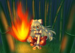 Rule 34 | 1girl, bad id, bad pixiv id, bamboo, bamboo forest, bow, female focus, fire, fire, forest, fujiwara no mokou, hair bow, hair ribbon, highres, long hair, mei (jewel at time), multiple hair bows, nature, red eyes, ribbon, silver hair, solo, squatting, suspenders, touhou