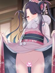Rule 34 | 1girl, black hair, blue archive, blue kimono, censored, clothes lift, commentary request, demon horns, fur-trimmed kimono, fur trim, fuuka (blue archive), fuuka (new year) (blue archive), heart, heart censor, highres, horns, japanese clothes, kimono, kimono lift, long hair, navel, official alternate costume, pussy, pussy juice, red eyes, solo, steam, steaming body, stomach, tatsuya (trypaint)