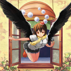 Rule 34 | 1girl, bird wings, blouse, brown hair, camera, flying, hat, highres, leaf, looking at viewer, open window, orange eyes, outstretched arm, plant, pom pom (clothes), scarf, shameimaru aya, shiro ami, shirt, short hair, short sleeves, skirt, smile, solo, tokin hat, touhou, vines, window, wings