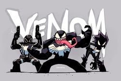 Rule 34 | 1girl, 2boys, absurdres, agent venom, bent over, black bodysuit, black hair, bodysuit, character name, claws, dual wielding, glint, grin, gun, hands up, highres, holding, holding gun, holding weapon, long tongue, looking at viewer, mania (marvel), marvel, multiple boys, rariatto (ganguri), smile, spider-man (series), spiked belt, spiked hair, tongue, tongue out, twitter username, venom (marvel), very long tongue, weapon