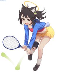 Rule 34 | 1girl, absurdres, animal ears, artist name, ball, black eyes, black hair, blue jacket, blush, cat ears, cat girl, choker, commission, fang, full body, halo, highres, holding, holding racket, jacket, looking at viewer, navel, once 11h, open mouth, original, racket, short hair, short twintails, skirt, smile, solo, teeth, tennis ball, tennis racket, twintails, upper teeth only, yellow skirt