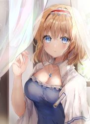 Rule 34 | 1girl, alice margatroid, arm at side, blonde hair, blue dress, blue eyes, blush, breasts, capelet, cleavage, collarbone, curtains, day, dress, eyelashes, fingernails, glint, hair between eyes, hairband, hand up, highres, indoors, lolita hairband, looking at viewer, maruro, medium breasts, necktie, parted lips, red hairband, short hair, solo, standing, touhou, white capelet, window