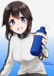 Rule 34 | 1girl, black hair, blue background, blue eyes, bottle, dated, gradient background, hair flaps, hayasui (kancolle), highres, jacket, johssnny, kantai collection, long sleeves, looking at viewer, open mouth, short hair, smile, solo, track jacket, turtleneck, twitter username, white background, white jacket