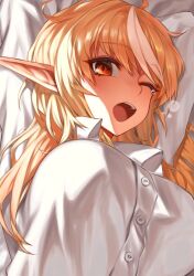 Rule 34 | 1girl, absurdres, arms up, blonde hair, breasts, ckhd, highres, hololive, large breasts, messy hair, one eye closed, orange eyes, pajamas, pointy ears, shiranui flare, virtual youtuber, white pajamas, yawning