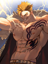 Rule 34 | 1boy, abs, bara, belt, blonde hair, blue eyes, chest tattoo, clenched teeth, electricity, facial mark, fairy tail, falloutbart, fur-trimmed jacket, fur trim, jacket, unworn jacket, large pectorals, laxus dreyar, male focus, muscular, muscular male, navel, nipples, pectorals, short hair, smile, solo, spiked hair, tattoo, teeth, twitter username, undercut, veins, veiny arms
