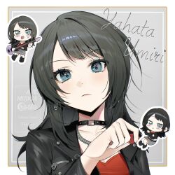 1girl bang_dream! bang_dream!_it&#039;s_mygo!!!!! bass_guitar black_choker black_hair black_jacket blue_eyes chain chain_necklace character_name choker closed_mouth commentary earrings grey_background grey_skirt hashtag-only_commentary highres holding holding_bass_guitar holding_instrument holding_plectrum instrument jacket jewelry kopipitan724220 long_hair looking_at_viewer multiple_views necklace open_clothes open_jacket plectrum red_shirt shirt simple_background skirt yahata_umiri