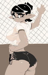 Rule 34 | + +, 1girl, ass, black shorts, breasts, callie (splatoon), huge ass, inkling, large breasts, legs, looking at viewer, mole, mole under eye, nintendo, pointy ears, shirt, short hair, short shorts, shorts, solo, splatoon (series), standing, t-shirt, tentacle hair, wire fence, yuta agc