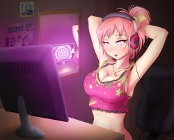 Rule 34 | 1girl, adventure time, akemi homura, armpits, arms up, artistic error, bad reflection, bow, breasts, chair, computer, crystal (lewd-zko), desk, headset, highres, hypnosis, ice king, jewelry, large breasts, lewd-zko, lightning bolt symbol, mahou shoujo madoka magica, mahou shoujo madoka magica (anime), mind control, mirror, necklace, open mouth, original, pink eyes, pink hair, pink skirt, poster (object), reflection, skirt, spiral, yellow bow