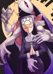 Rule 34 | 1girl, 2018, absurdres, black background, black nails, blonde hair, cross, cross necklace, crown, double (skullgirls), extra arms, extra eyes, closed eyes, habit, highres, jewelry, monster, monster girl, multiple persona, nail polish, necklace, nun, own hands together, praying, red eyes, skullgirls, solo, yellow background, ziu