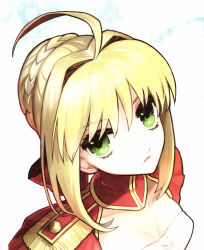 Rule 34 | 1girl, ahoge, blonde hair, braid, braided bun, breasts, cleavage, cover, cover page, dutch angle, epaulettes, eyelashes, fate/extra, fate (series), green eyes, hair bun, hair intakes, highres, looking at viewer, nero claudius (fate), nero claudius (fate) (all), nero claudius (fate/extra), official art, portrait, simple background, single hair bun, small breasts, solo, wada arco