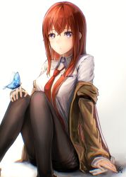 Rule 34 | 1girl, absurdres, aoi hane, black pantyhose, black shorts, brown coat, bug, butterfly, butterfly on hand, coat, collared shirt, commentary request, hair between eyes, hair over shoulder, hand on own knee, highres, insect, pantyhose under shorts, long hair, long sleeves, makise kurisu, necktie, pantyhose, purple eyes, red hair, red necktie, shirt, short shorts, shorts, simple background, sitting, sleeves past wrists, solo, steins;gate, straight hair, very long hair, white background, white shirt, wing collar
