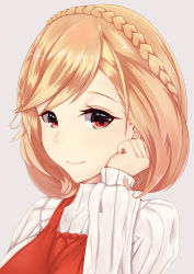 Rule 34 | absurdres, alternate costume, azur lane, blonde hair, braid, crown braid, eyebrows hidden by hair, grey background, hair ornament, hand on head, highres, long hair, portrait, prince of wales (azur lane), red eyes, simple background, smile, solo, striped clothes, striped sweater, suzishi ovo, sweater, swept bangs, tagme, white sweater
