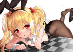 Rule 34 | 1girl, :o, absurdres, animal ears, ass, bare shoulders, black hairband, black leotard, blonde hair, breasts, commission, deogho (liujinzy9854), fake animal ears, hair between eyes, hair bobbles, hair ornament, hairband, high heels, highres, leotard, looking to the side, lying, no shoes, on stomach, open mouth, pantyhose, playboy bunny, pointy ears, rabbit tail, red eyes, shoe dangle, sidelocks, simple background, small breasts, soles, solo, strapless, strapless leotard, tail, thighs, twintails, white background, wide hips, wrist cuffs