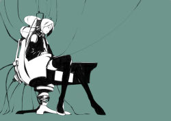 Rule 34 | 1girl, cable, chair, closed eyes, green background, hatsune miku, high contrast, monochrome, onigunsou, sitting, solo, thighhighs, vocaloid, wire