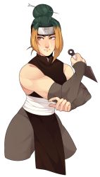 Rule 34 | 1girl, abs, angry, attack, bandages, bandana, bare shoulders, female focus, fighting stance, gloves, highres, japanese clothes, kimono, kunai, looking up, multicolored hair, muscular, muscular arms, muscular legs, muscular male, naruto (series), pakura (naruto), pale skin, serious, solo, turtleneck, uniform, weapon, yukata