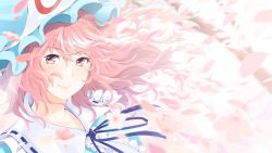 Rule 34 | 1girl, arkatopia, blue dress, blue hat, blue ribbon, breasts, center frills, cherry blossoms, commentary request, dress, frilled shirt collar, frills, hair between eyes, hat, highres, large breasts, looking at viewer, mob cap, neck ribbon, petals, pink eyes, pink hair, portrait, ribbon, ribbon-trimmed collar, ribbon trim, saigyouji yuyuko, short hair, smile, solo, touhou, triangular headpiece